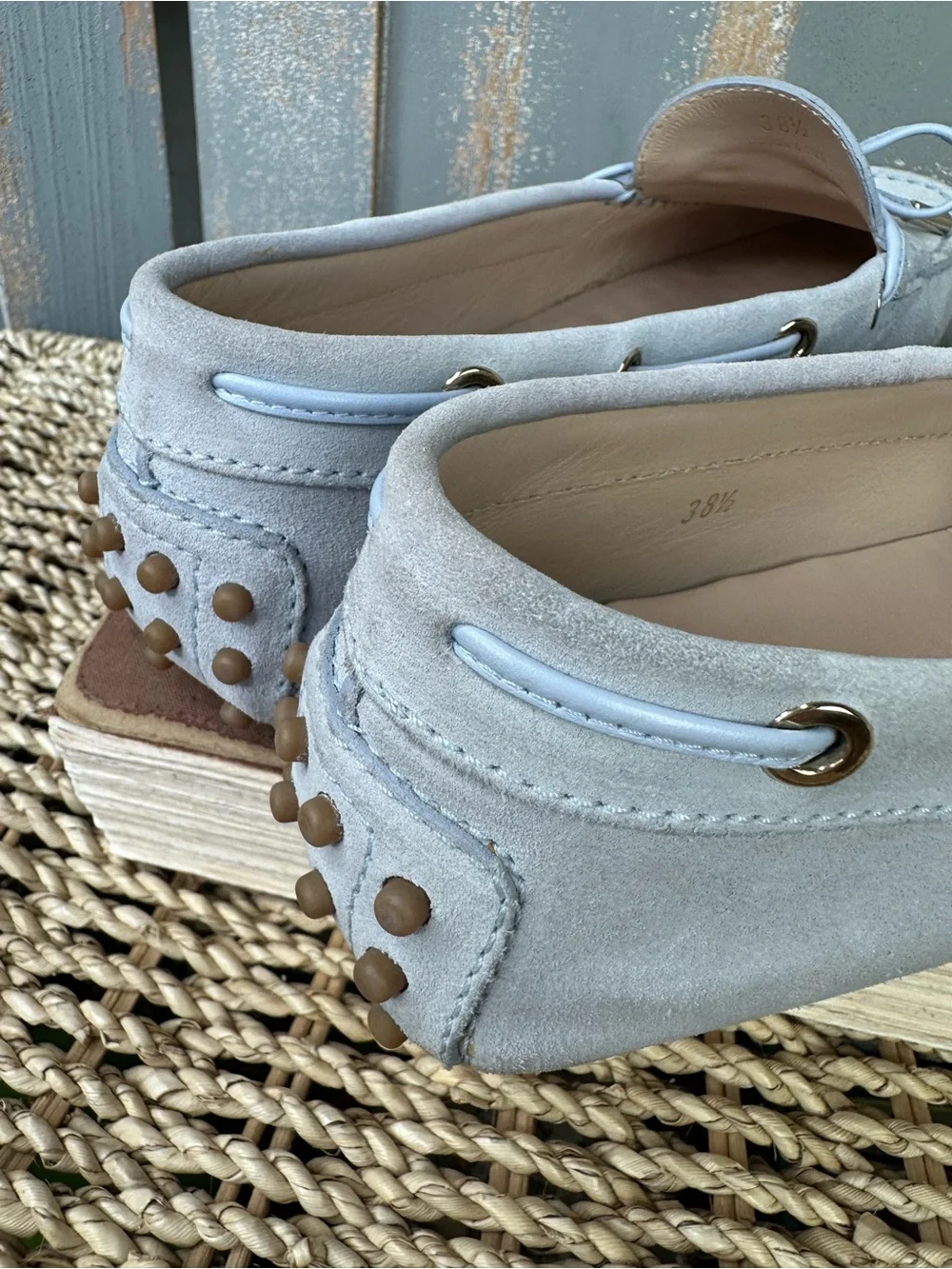 TOD'S Gommino Suede Bow Driving Loafer Light Blue Sz 38.5